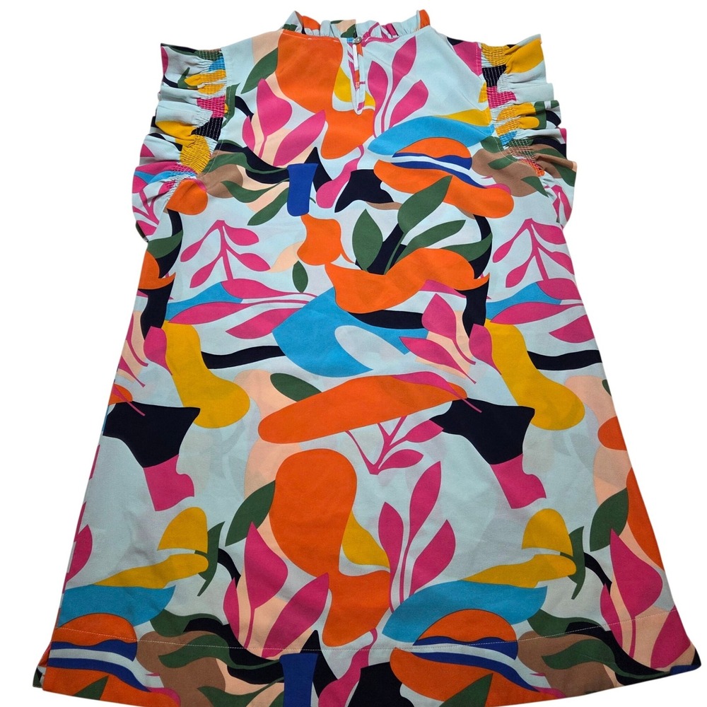 Jodifl Abstract Botanical Print Ruffle Neck Shift Mini Dress Large Multi Color - Picture 6 of 11